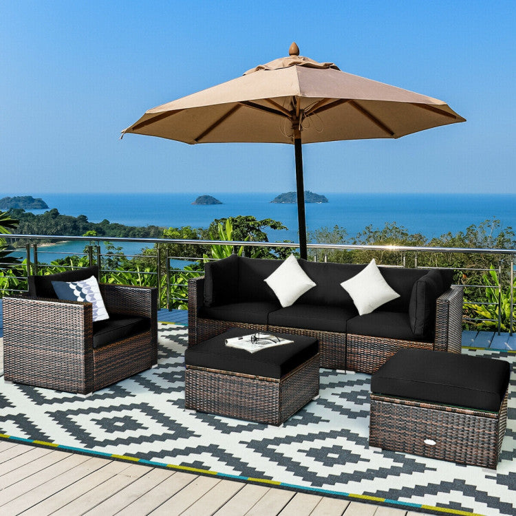 6 Pieces Outdoor Rattan Furniture Set Patio Wicker Sectional Conversation Sofa Set with Cushions and Coffee Table