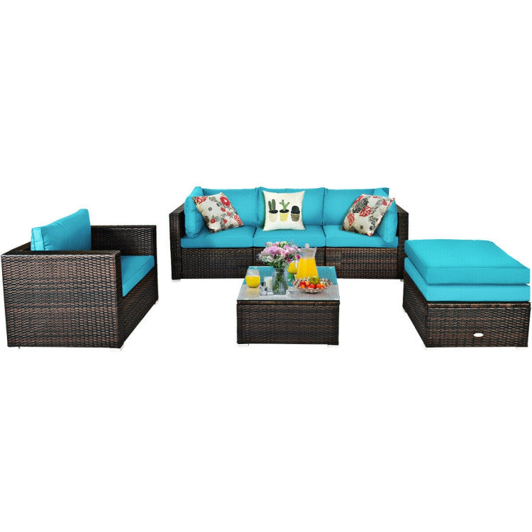 6 Pieces Outdoor Rattan Furniture Set Patio Wicker Sectional Conversation Sofa Set with Cushions and Coffee Table