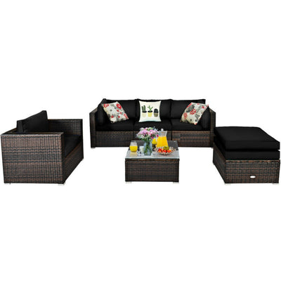 6 Pieces Outdoor Rattan Furniture Set Patio Wicker Sectional Conversation Sofa Set with Cushions and Coffee Table