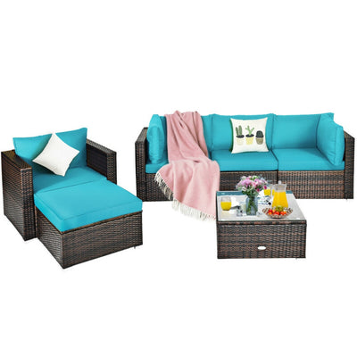 6 Pieces Outdoor Rattan Furniture Set Patio Wicker Sectional Conversation Sofa Set with Cushions and Coffee Table