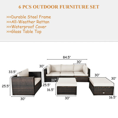 6 Pieces Outdoor Rattan Furniture Set Patio Wicker Sectional Conversation Sofa Set with Cushions and Coffee Table