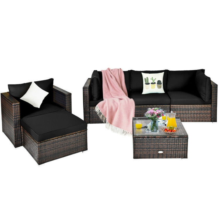 6 Pieces Outdoor Rattan Furniture Set Patio Wicker Sectional Conversation Sofa Set with Cushions and Coffee Table