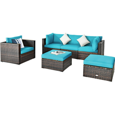 6 Pieces Outdoor Rattan Furniture Set Patio Wicker Sectional Conversation Sofa Set with Cushions and Coffee Table