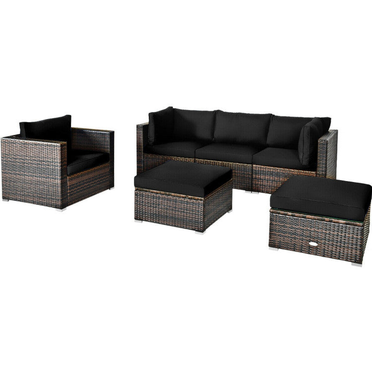 6 Pieces Outdoor Rattan Furniture Set Patio Wicker Sectional Conversation Sofa Set with Cushions and Coffee Table