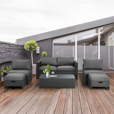 6 Pieces Patio Rattan Furniture Set Outdoor Conversation Set with Glass Table and Cushioned Seat