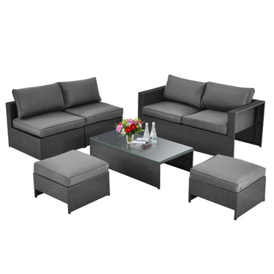 6 Pieces Patio Rattan Furniture Set Outdoor Conversation Set with Glass Table and Cushioned Seat