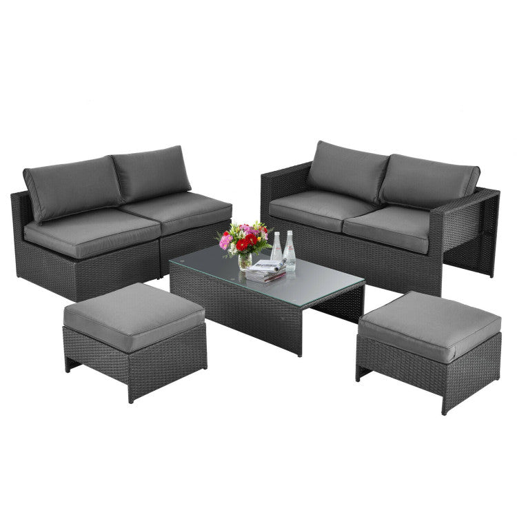 6 Pieces Patio Rattan Furniture Set Outdoor Conversation Set with Glass Table and Cushioned Seat