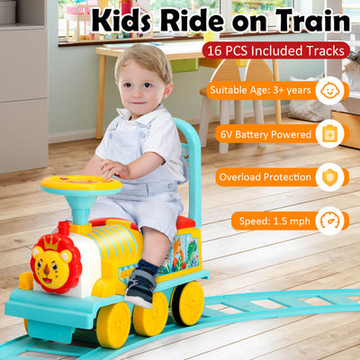 6V 2-in-1 Kids Ride On Train Battery Powered Electric Toy Car With 16 Pieces Tracks and 6 Wheels