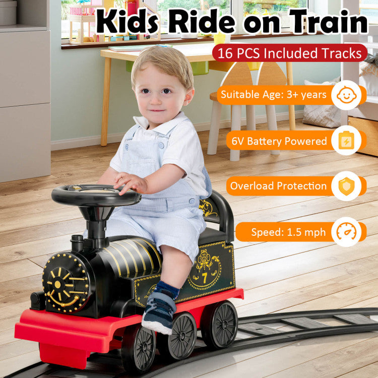 6V 2-in-1 Kids Ride On Train Battery Powered Electric Toy Car With 16 Pieces Tracks and 6 Wheels