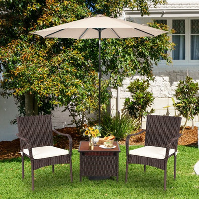 3 PCS Patio Rattan Furniture Bistro Set with Wood Side Table and Stackable Chair