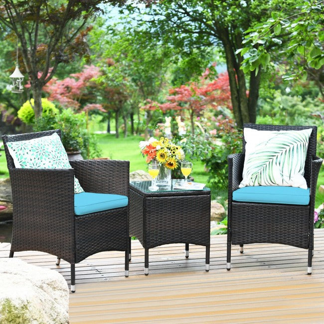 3 Pieces Patio Wicker Rattan Furniture Conversation Set with Coffee Table and Cushion