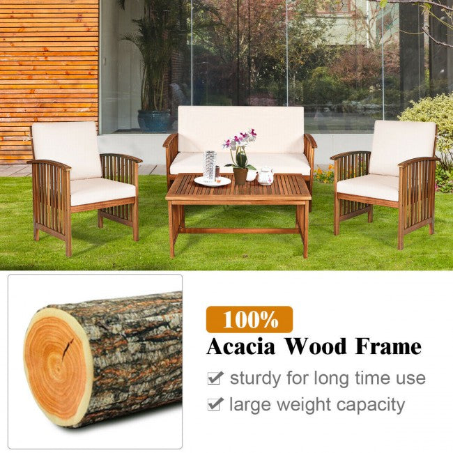 4 Pcs Patio Solid Wood Furniture Set with Water Resistant Cushions