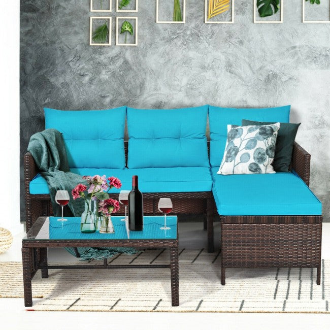 3 Piece Outdoor Patio Corner Rattan Sofa Set