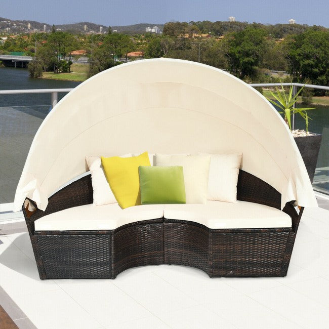 Outdoor Wicker Furniture Sets Patio Round Rattan Daybed With Retractable Canopy