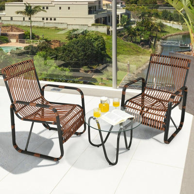 3 Pieces Outdoor Rattan Furniture Set Patio Conversation Set with Tempered Glass Table