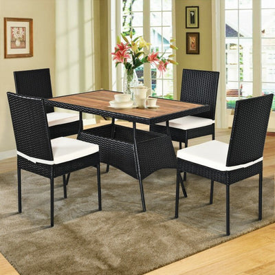 5 Pieces Patio Rattan Dining Set Table with Wooden Top