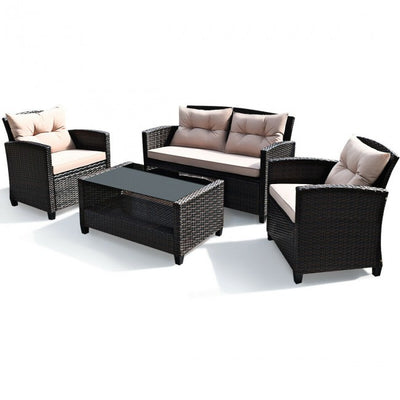 4 Pieces Patio Rattan Furniture Set Outdoor Conversation Sofa Set with Lower Shelf and Coffee Table