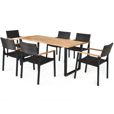 7 Pieces Outdoor Patio Rattan Dining Furniture Table Set with Wicker Chairs