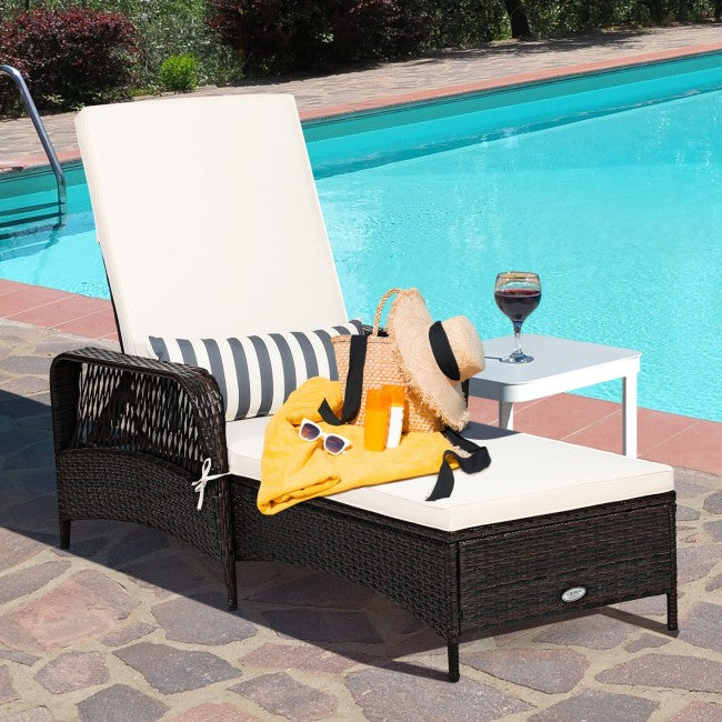 Adjustable PE Rattan Chaise Lounge Chair Arm Chair Recliner with Pillow