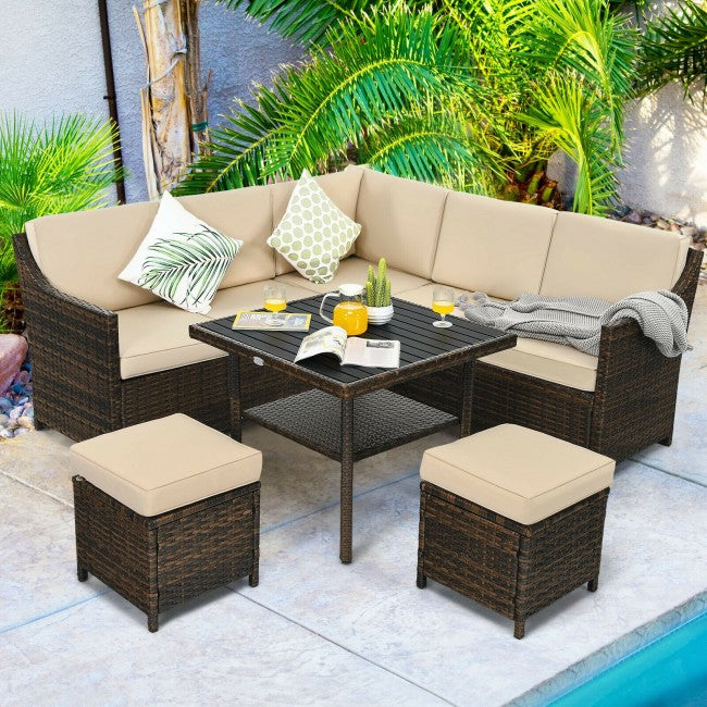 6 Pieces Outdoor Patio Rattan Furniture Set Conversation Sofa Set with Padded Cushion and Table