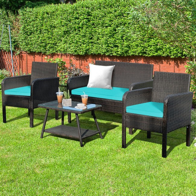 4Pcs Patio Rattan Wicker Furniture Set Conversation Sofa Bench Cushion