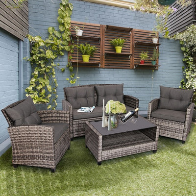 4 Pieces Patio Rattan Furniture Set Coffee Table Cushioned Sofa Set