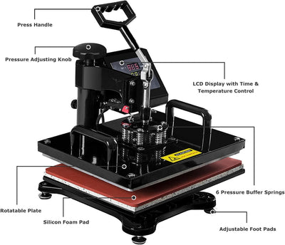 6 in 1 Multifunctional Heat Press Machine 12x15 Inch Digital Transfer Machine with Automatic Digital Timer and Self-Clocking Alarm