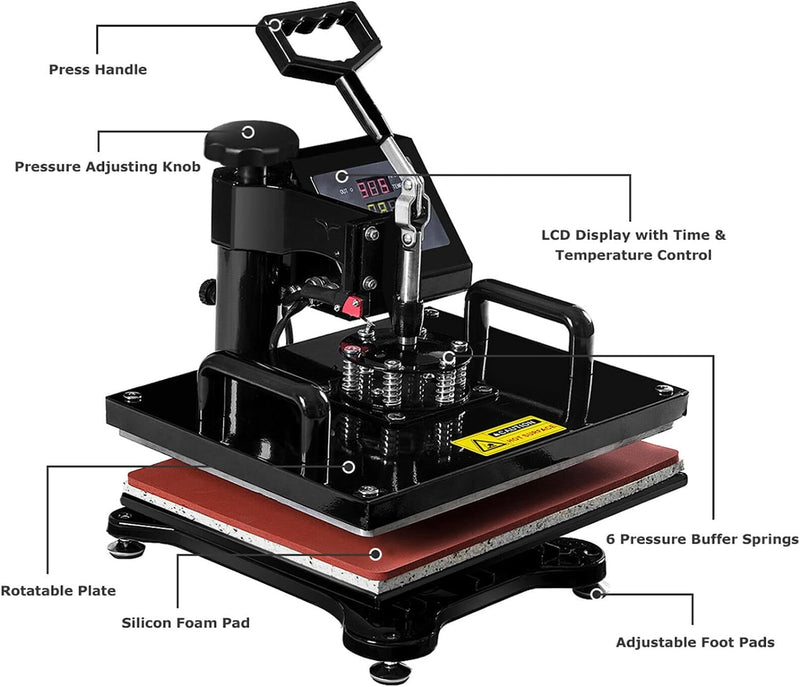 6 in 1 Multifunctional Heat Press Machine 12x15 Inch Digital Transfer Machine with Automatic Digital Timer and Self-Clocking Alarm