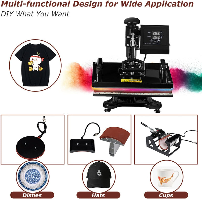 6 in 1 Multifunctional Heat Press Machine 12x15 Inch Digital Transfer Machine with Automatic Digital Timer and Self-Clocking Alarm