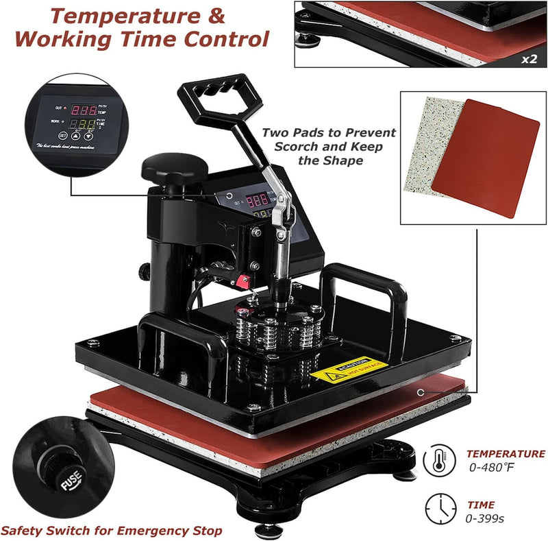 6 in 1 Multifunctional Heat Press Machine 12x15 Inch Digital Transfer Machine with Automatic Digital Timer and Self-Clocking Alarm