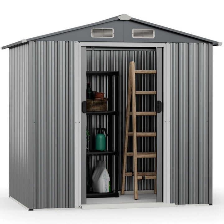 6 x 4 Feet Outdoor Galvanized Steel Storage Shed Garden Utility Tool House Building Organizer with Lockable Sliding Doors and Built-in Ramp