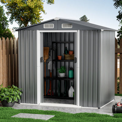 6 x 4 Feet Outdoor Galvanized Steel Storage Shed Garden Utility Tool House Building Organizer with Lockable Sliding Doors and Built-in Ramp