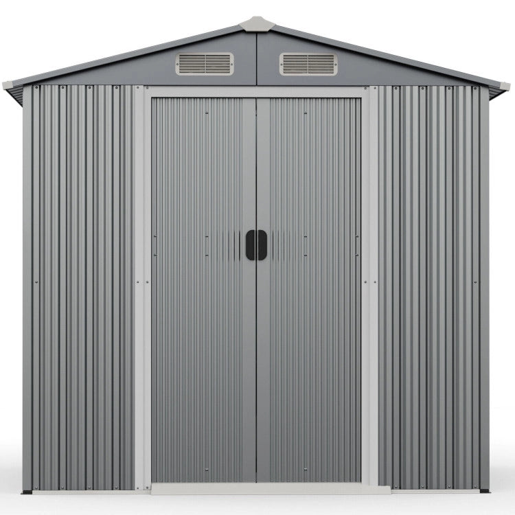 6 x 4 Feet Outdoor Galvanized Steel Storage Shed Garden Utility Tool House Building Organizer with Lockable Sliding Doors and Built-in Ramp