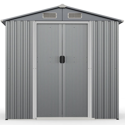 6 x 4 Feet Outdoor Galvanized Steel Storage Shed Garden Utility Tool House Building Organizer with Lockable Sliding Doors and Built-in Ramp