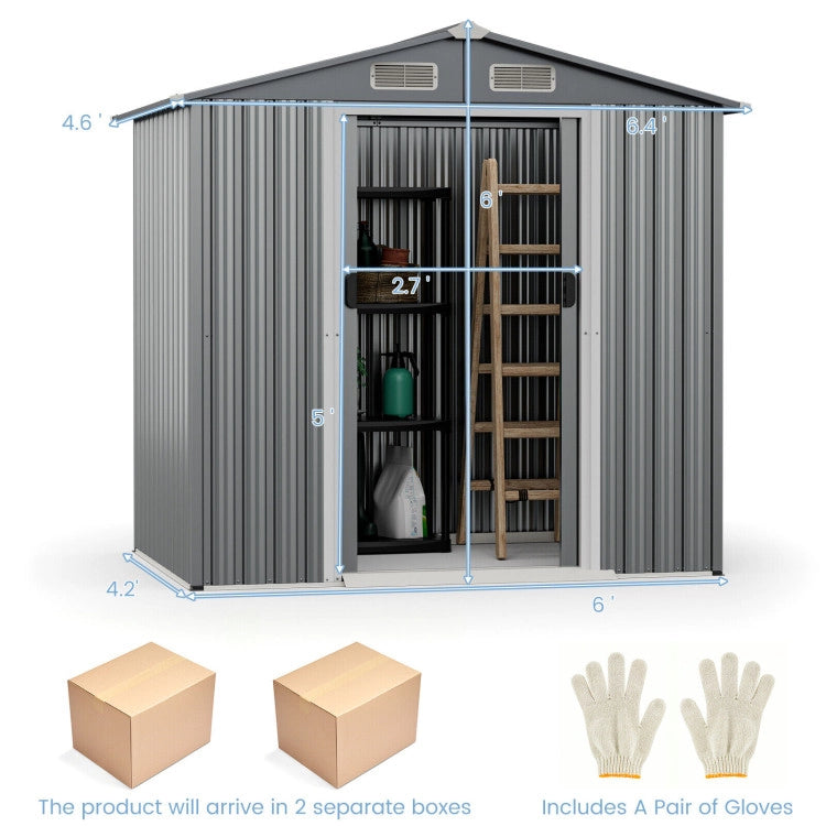 6 x 4 Feet Outdoor Galvanized Steel Storage Shed Garden Utility Tool House Building Organizer with Lockable Sliding Doors and Built-in Ramp