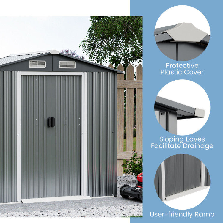 6 x 4 Feet Outdoor Galvanized Steel Storage Shed Garden Utility Tool House Building Organizer with Lockable Sliding Doors and Built-in Ramp