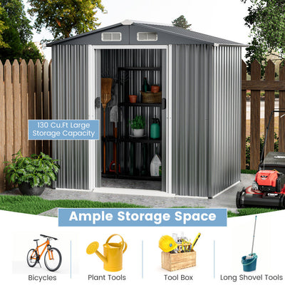 6 x 4 Feet Outdoor Galvanized Steel Storage Shed Garden Utility Tool House Building Organizer with Lockable Sliding Doors and Built-in Ramp