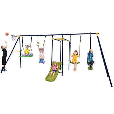 7-in-1 Kids Combo Swing Set Outdoor Heavy Duty Extra Large Metal Swing Frame with Glider Gym Rings Slide Basketball Hoop