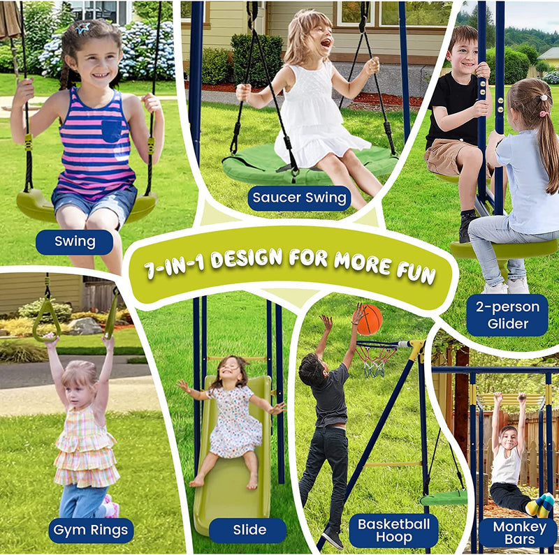 7-in-1 Kids Combo Swing Set Outdoor Heavy Duty Extra Large Metal Swing Frame with Glider Gym Rings Slide Basketball Hoop