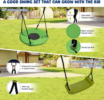 7-in-1 Kids Combo Swing Set Outdoor Heavy Duty Extra Large Metal Swing Frame with Glider Gym Rings Slide Basketball Hoop