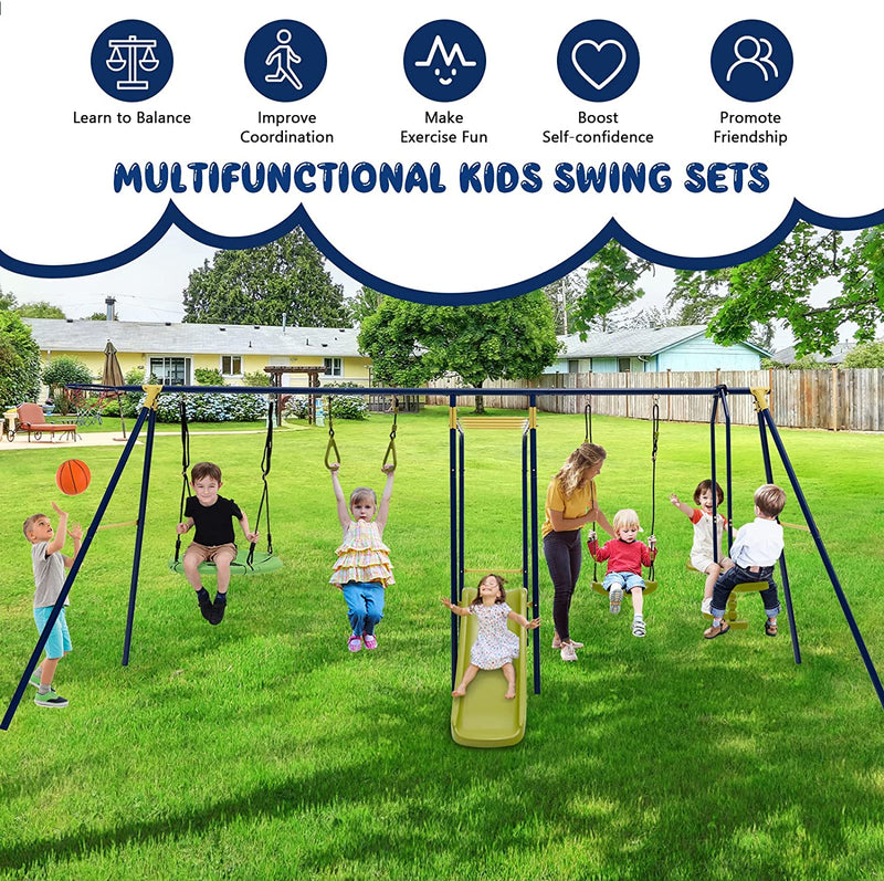 7-in-1 Kids Combo Swing Set Outdoor Heavy Duty Extra Large Metal Swing Frame with Glider Gym Rings Slide Basketball Hoop