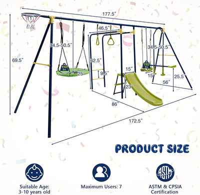 7-in-1 Kids Combo Swing Set Outdoor Heavy Duty Extra Large Metal Swing Frame with Glider Gym Rings Slide Basketball Hoop