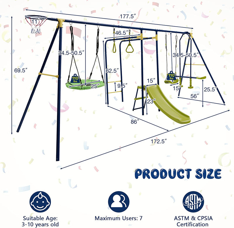 7-in-1 Kids Combo Swing Set Outdoor Heavy Duty Extra Large Metal Swing Frame with Glider Gym Rings Slide Basketball Hoop