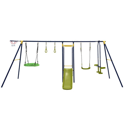 7-in-1 Kids Combo Swing Set Outdoor Heavy Duty Extra Large Metal Swing Frame with Glider Gym Rings Slide Basketball Hoop