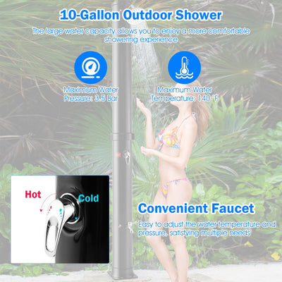 7.2FT Outdoor Solar-Heated Shower 10 Gallon 2-Section Pool Shower with Free-Rotating Shower Head Foot Tap Spigot