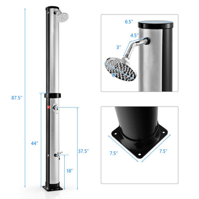 7.2FT Outdoor Solar-Heated Shower 10 Gallon 2-Section Pool Shower with Free-Rotating Shower Head Foot Tap Spigot