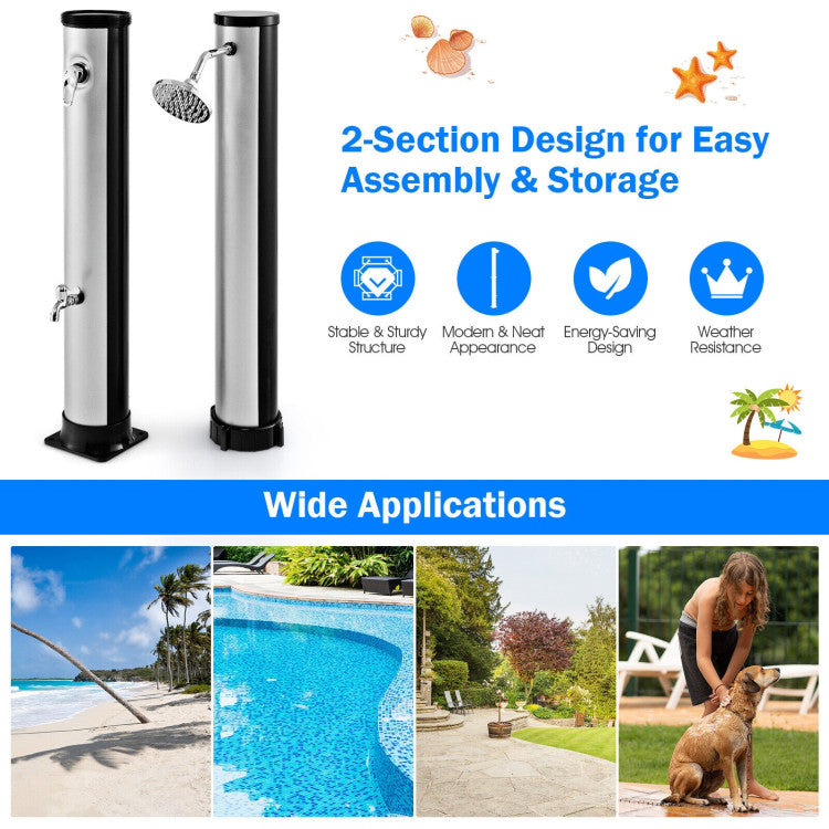 7.2FT Outdoor Solar-Heated Shower 10 Gallon 2-Section Pool Shower with Free-Rotating Shower Head Foot Tap Spigot