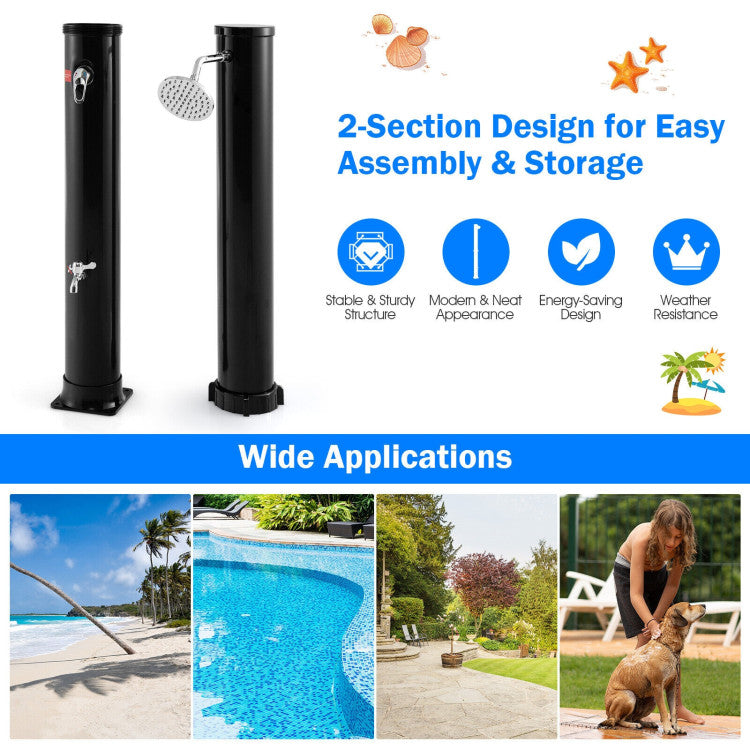 7.2FT Outdoor Solar-Heated Shower 10 Gallon 2-Section Pool Shower with Free-Rotating Shower Head Foot Tap Spigot