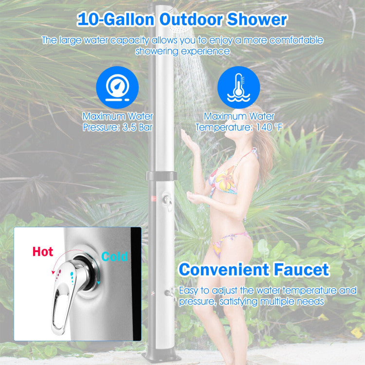 7.2FT Outdoor Solar-Heated Shower 10 Gallon 2-Section Pool Shower with Free-Rotating Shower Head Foot Tap Spigot