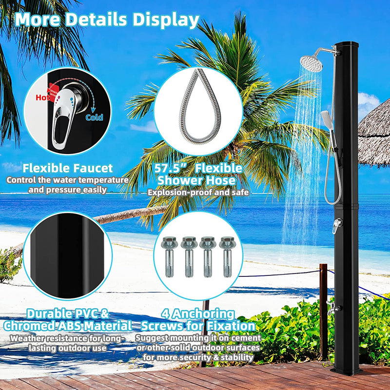 7.2Feet Outdoor Solar Heated Shower 9.3 Gallon 2-Section Pool Shower with Handheld Shower Head Foot Tap Spigot